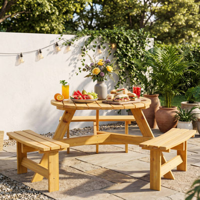 Ensemble de table de pique-nique rond en bois pour 6 personnes - 3 bancs intégrés - Salle à manger extérieure avec trou pour parasol - Idéal pour le jardin, le patio, la cour - couleur bois naturel