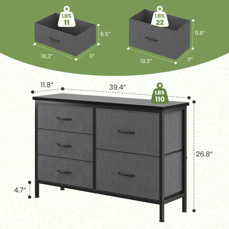 Fabric Drawer Dresser with Wood Top, 39.4’’ W Dresser with 5 Drawers, Storage Organizer, Chest of Drawers, Gray