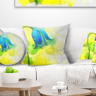 Fleur bleue avec éclaboussures jaunes - coussin à imprimé floral