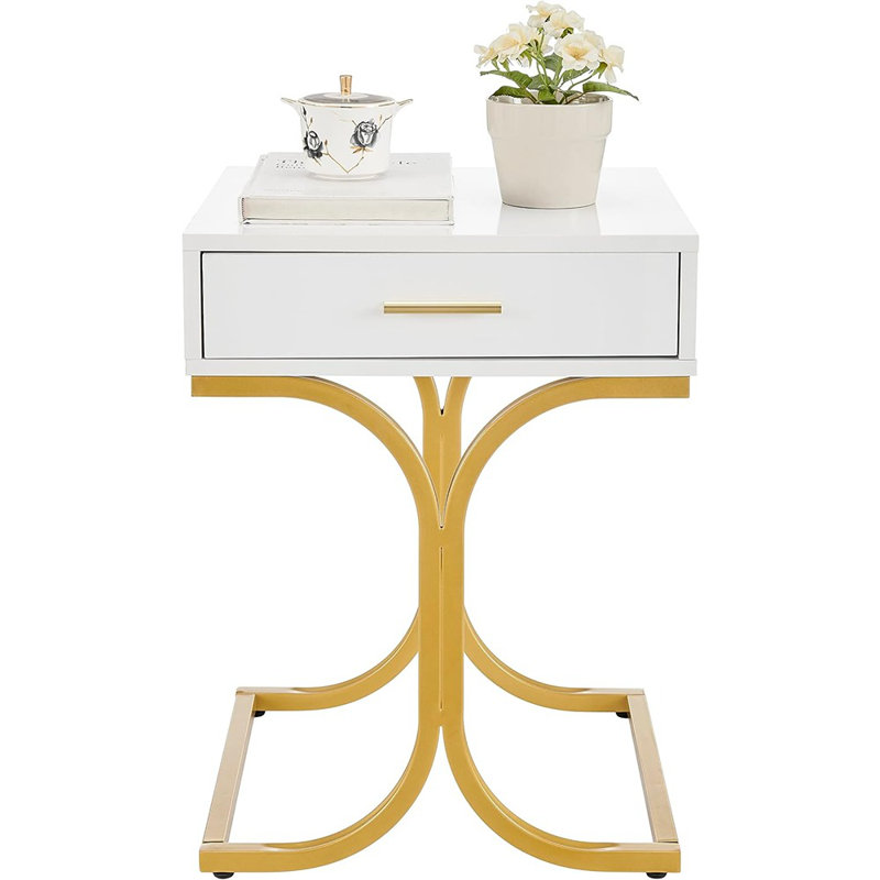 Harshitha White and Gold Nightstand with Drawer