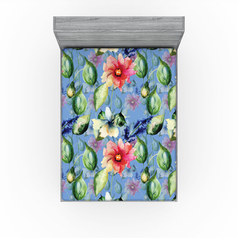 Drap-housse à motif floral Ambesonne, Drap-housse de taille très grand, Bleu ciel, rose foncé, vert / floral
