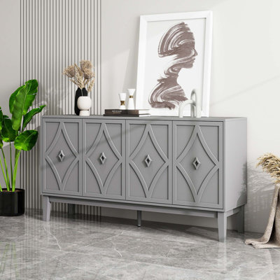 4 Doors Cabinet Vintage Storage Cabinet With Hand-Carved Geometric Doors,Adjustable Shelves