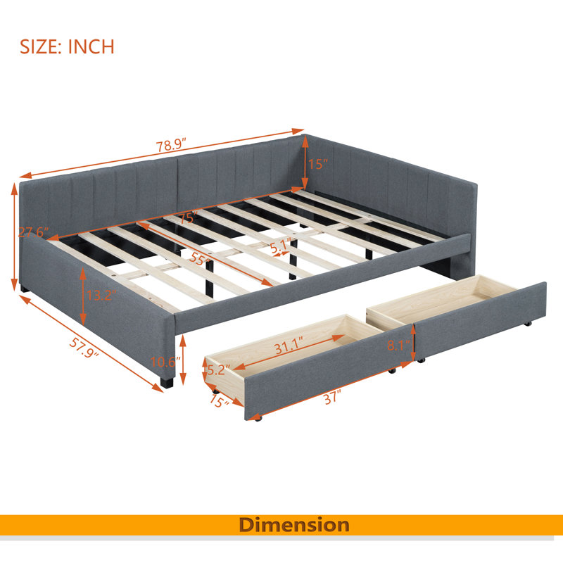 Full Size Upholstered Daybed With 2 Storage Drawers Sofa Bed, Gray