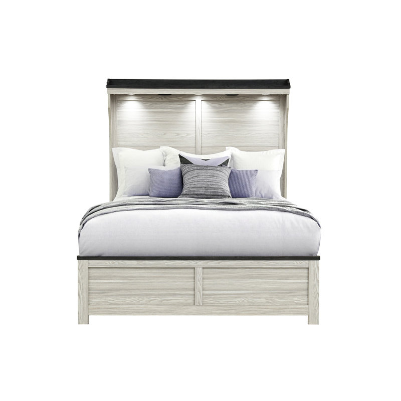 Queen Bed Brown With Lit Panel Headboard, Low Profile Frame Constructed By Solid Wood And , Wood, For Bedroom Use, Box Spring Required Application,