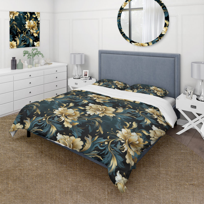 Luxueuses fleurs noires et beiges damassées - ensemble de housse de couette damassé - microfibre de polyester