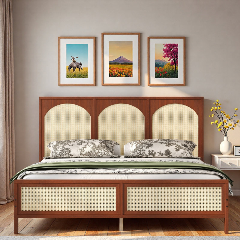 Wood Platform Bed With Rattan Headboard, Walnut, King