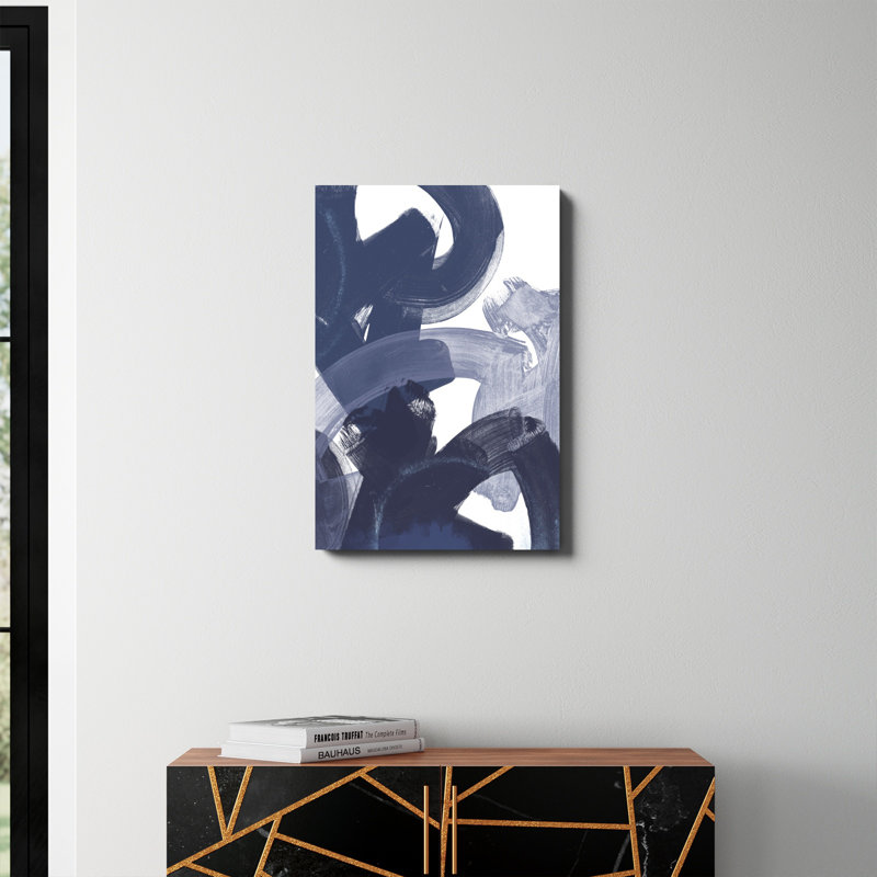 «Blue on Blue I», peinture sur toile, H 30 po x l 20 po, Blanc, Imprimé à cadre argenté