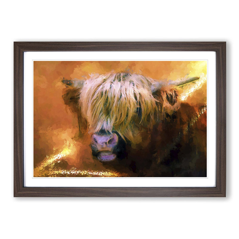 Portrait of a Highland Cow in Abstract - Picture Frame Painting Print on MDF, Walnut, 40cm H x 60cm W x 2cm D
