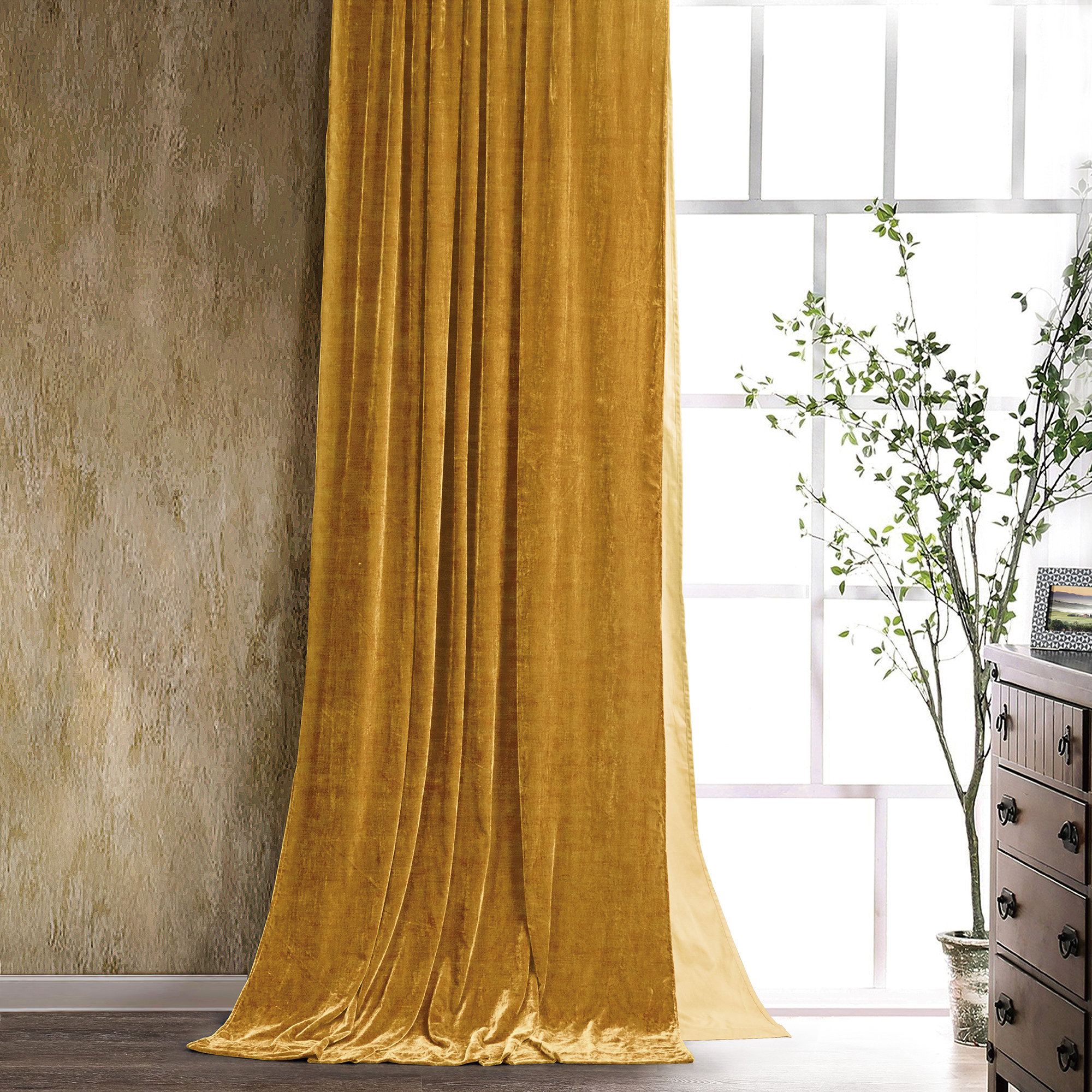 Stella Solid Color Faux Silk Velvet Romantic Western 48x108 inch Single Curtain Panel, Saffron