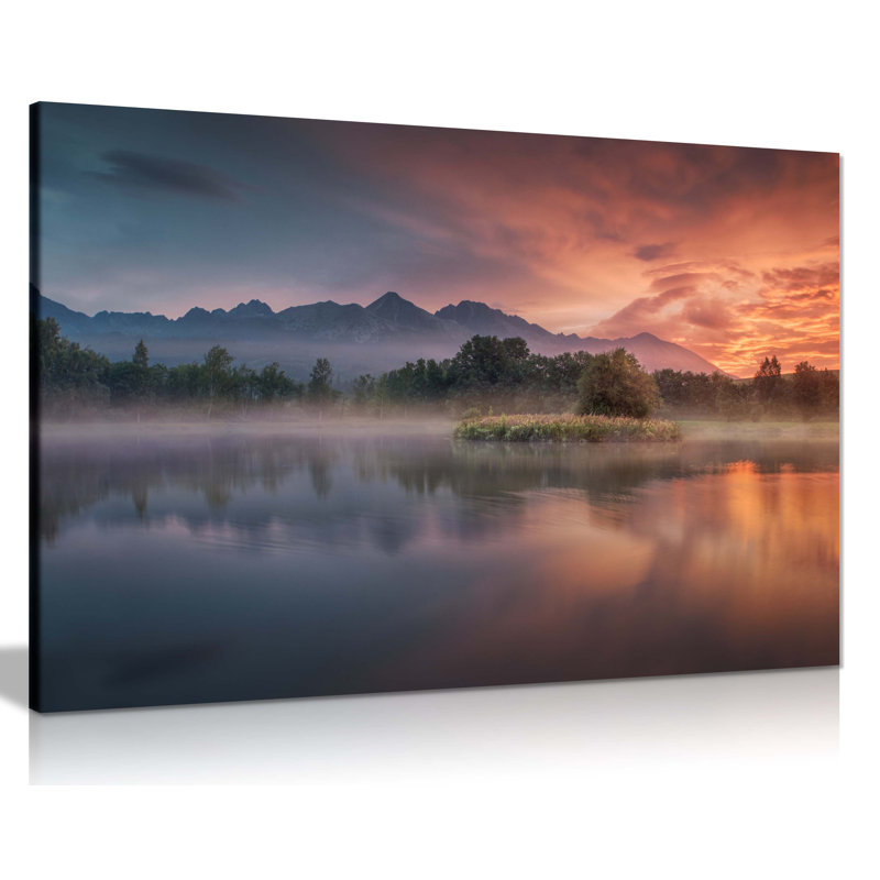 Morning Daybreak Orange Sunlight By The Lake Panorama - Wrapped Canvas Print, 20cm H x 31cm W