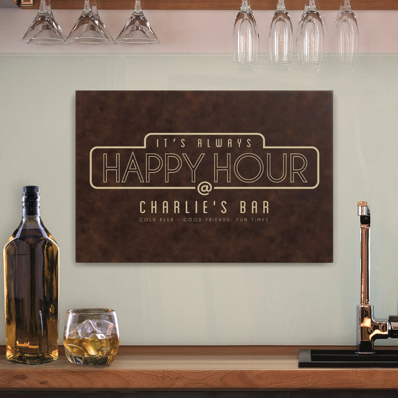 Happy Hour Brown Leather Canvas Bar Sign 12x18