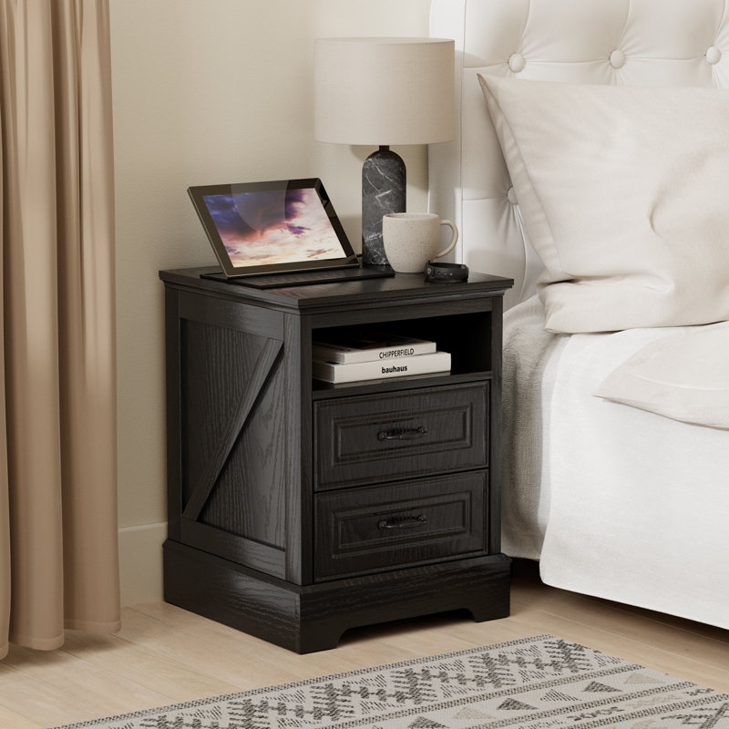 Farmhouse Nightstand,End Table with charging station, Black, Individual