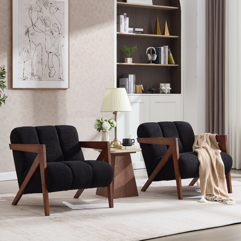 Ensemble de 2 fauteuils de salon modernes rembourrés en tissu Sherpa noir, Noir