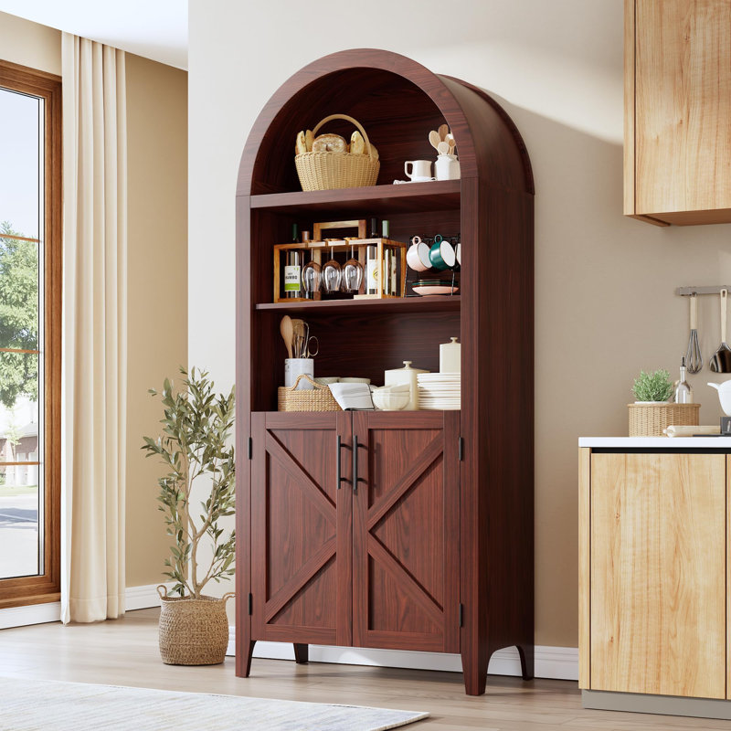 63" Arched Bookcase with Doors, 5-Tier Open Display Shelf & Storage Cabinet for Home Office, Walnut