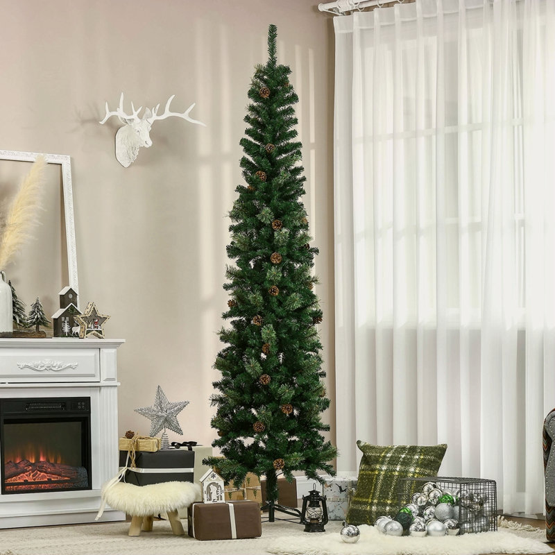 7.5 Foot Pencil Artificial Christmas Tree, Slim Pine Needles Xmas Tree With Realistic Branches, Pine Cones, Metal Base