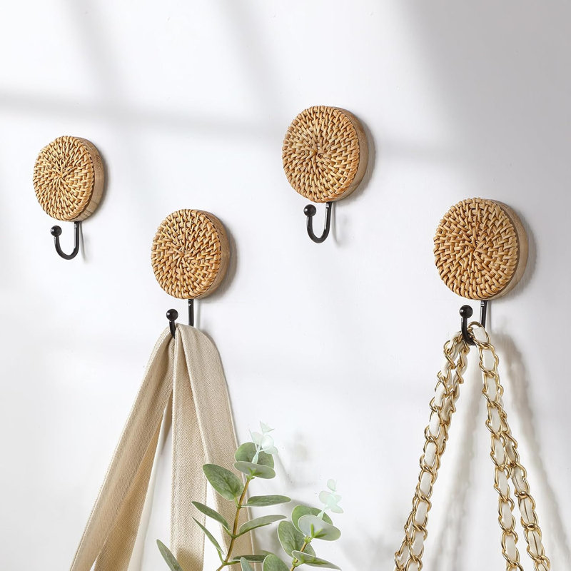 Lot de 4 crochets muraux bohèmes en rotin, rangement rond bohème pour entrée, porte-sacs à main mural, bois, organisateur de style ferme