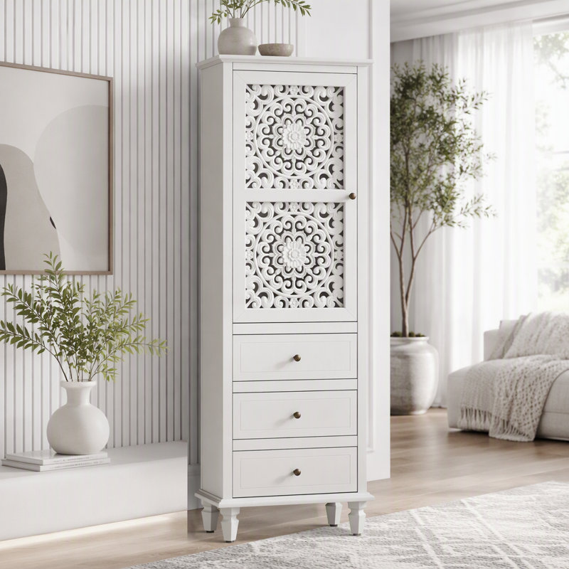Armoire de rangement de style campagnard de 63 pouces avec porte sculptée, Blanc