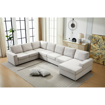 Canapé d'angle modulaire en forme de L avec éléments détachables, revêtement en lin confortable, 6 places, idéal pour se détendre dans les aires de vie principales, assise mi-ferme, rembourrage en mousse, style contemporain