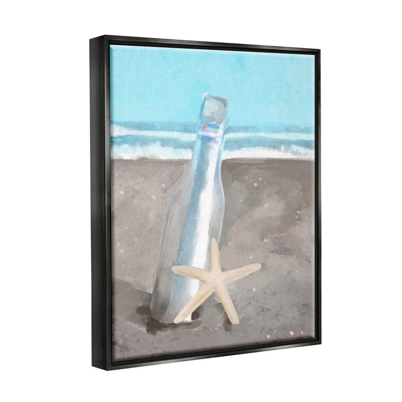«Message Bottle Beach Shore - Floater Frame», impression sur toile, Cadre flottant noir de jais, H 21 po x l 17 po x P 1,7 po