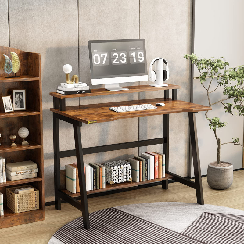 31.5" Computer Desk for Small Spaces, Modern Home Office Desk with Storage Shelf and Monitor Stand, Brown