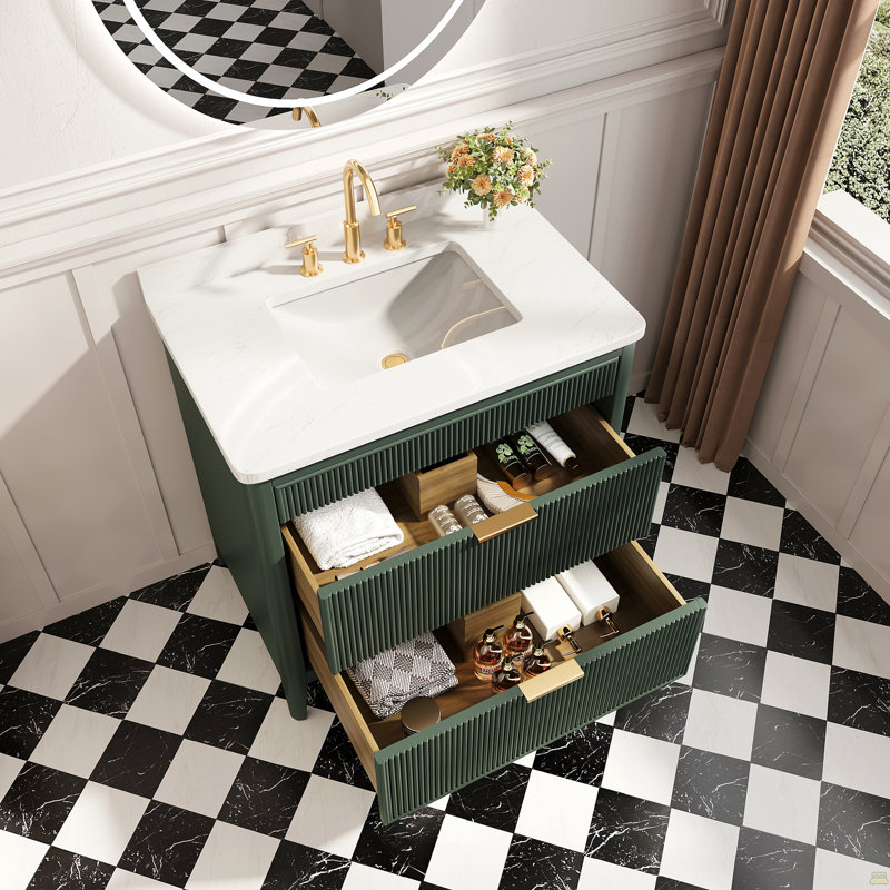 Meuble-lavabo de salle de bain autoportant vert 36 po entièrement assemblé avec structure en bois massif et plateau en marbre d'ingénierie