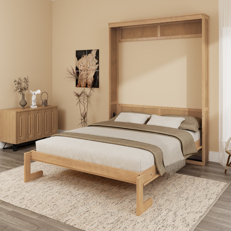Bois massif avec armoire-lit escamotable avec 2 tablettes de rangement latérales, Naturel, Lit double