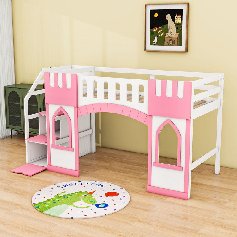 Alexanne Charming Twin Loft Bed With Storage Staircase, Pink