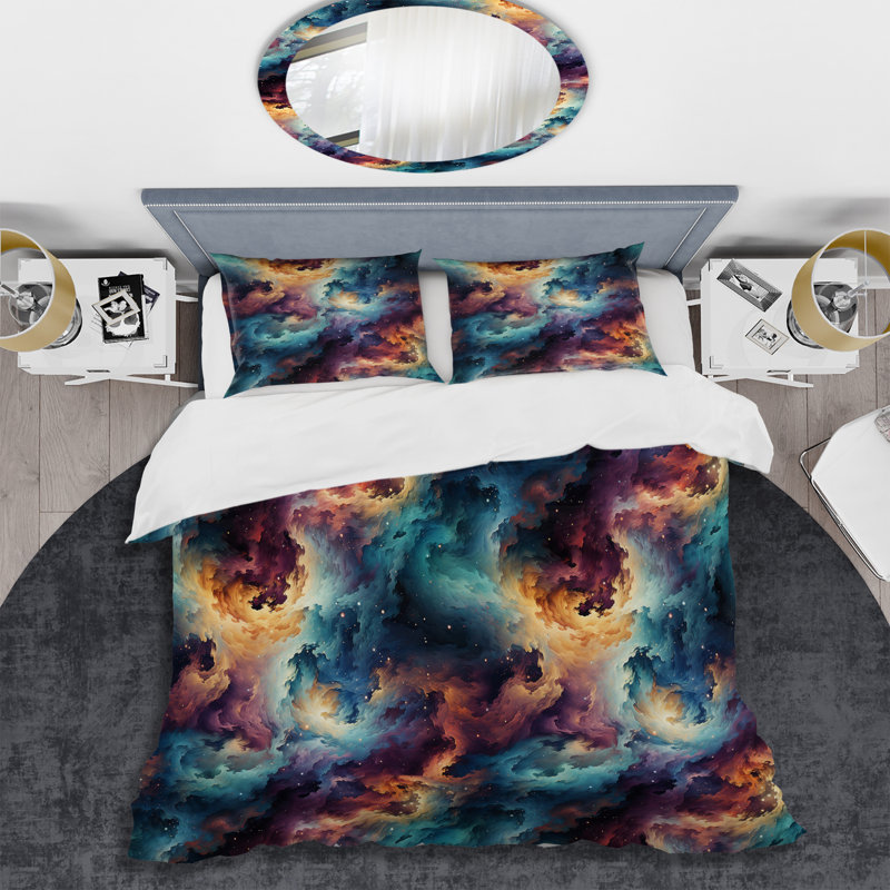Plaid Galaxy Multicolor Expedition - Ensemble de housse de couette damassé, Housse de couette pour très grand lit et 2 très
