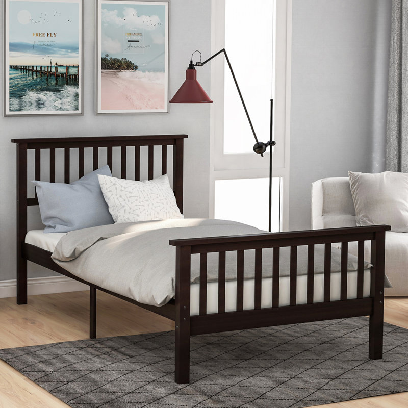 Elicio Twin Slat Bed Frame, Platform Bed with Headboard and Footboard, Espresso, Solid Wood