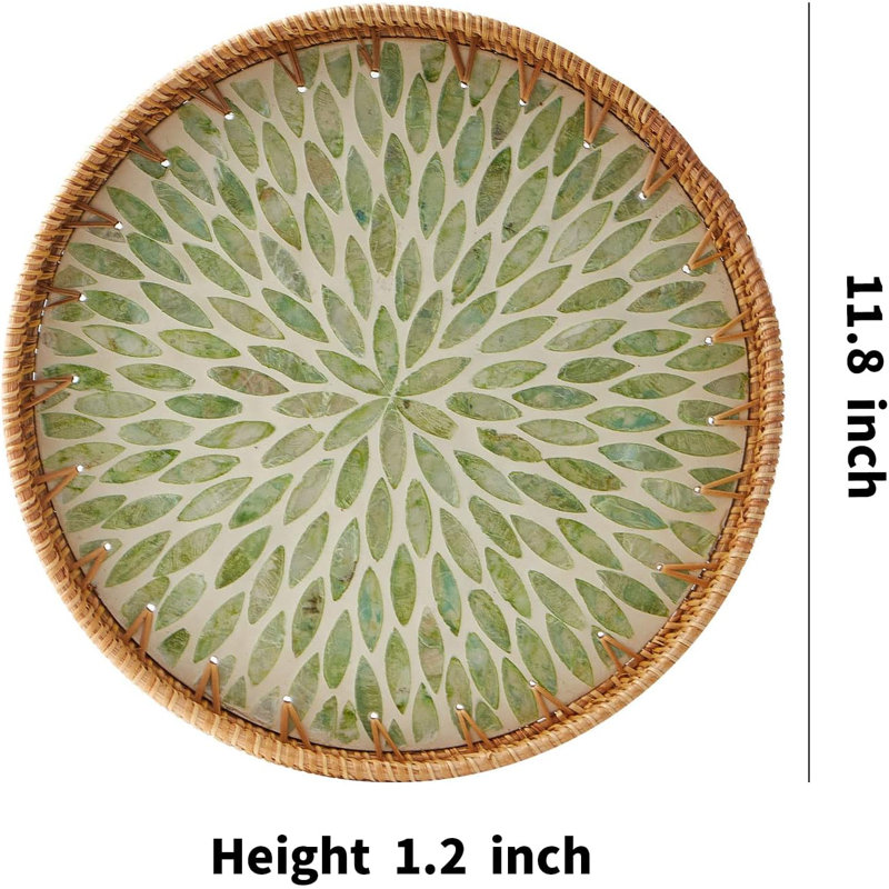 Round Rattan Tray With Mother Of Pearl Inlay, Rattan Serving Tray With Wooden Base, Decorative Wicker Basket For Table Decor, Storage And Display Of Coffee Bread Food Fruit (Leaf)