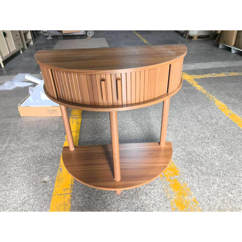 Table console semi-circulaire en noyer, style milieu du siècle, 31,5 pouces, forme demi-lune, idéale pour un couloir ou une entrée. Pieds en bois massif. Deux tiroirs sur le dessus.