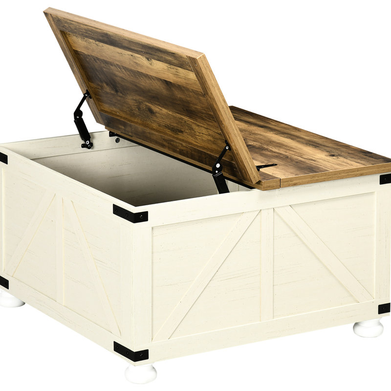 Table basse style Carré By, avec espace de rangement, plateau ouvert blanc antique, facile d'accès