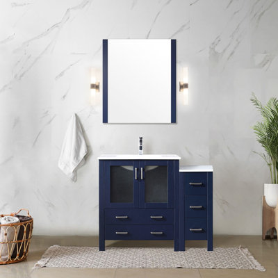Bleu marine 42 po Meuble-lavabo large avec rangement latéral, robinet, comptoir en céramique blanche et armoire de salle de bain murale pleine grandeur à miroir 28 po, robinet en acier inoxydable
