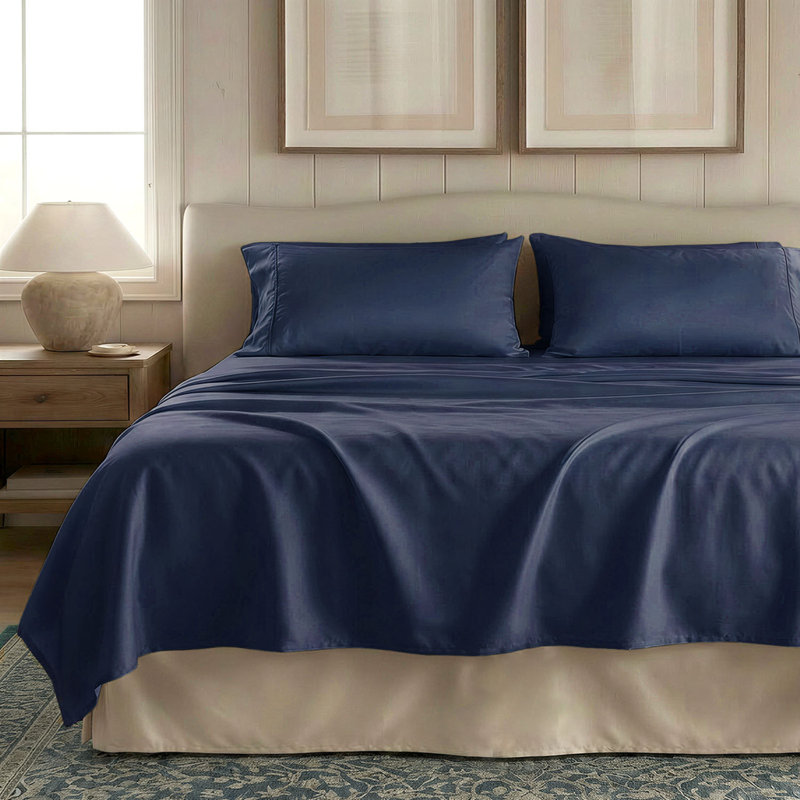 Ensemble de draps 100% coton Supima 1000 fils Threadmill, Ensemble de draps pour très grand lit avec 2 taie, Bleu Folkstone