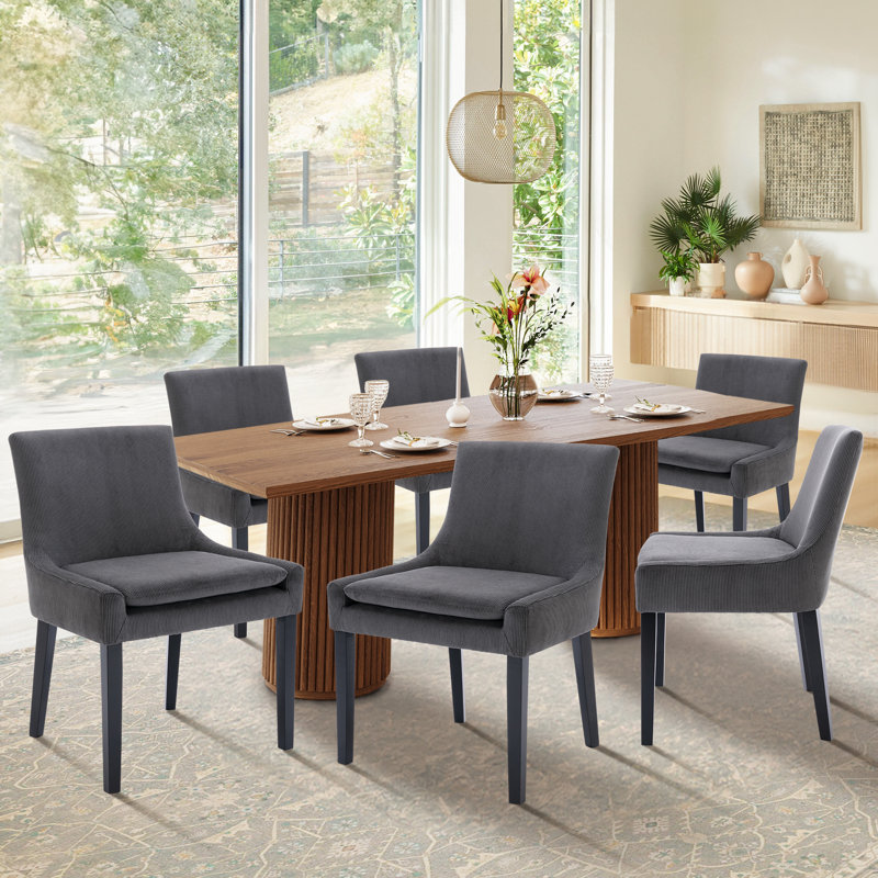 Corduroy Upholstered Solid Wood Dining Chair Side Chair (Set of 6), Gray