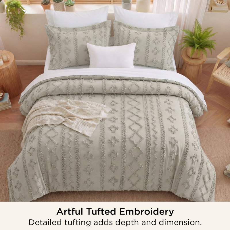Bedsure Tufted Embroidery All-Season Microfiber Comforter Set, Linen, Twin Comforter + 1 Sham
