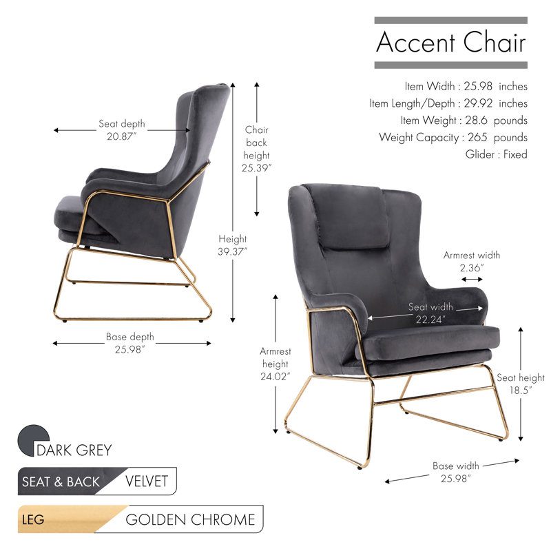 Velvet Upholstered Accent Chair with Gold Chrome Legs, Dark Gray Velvet