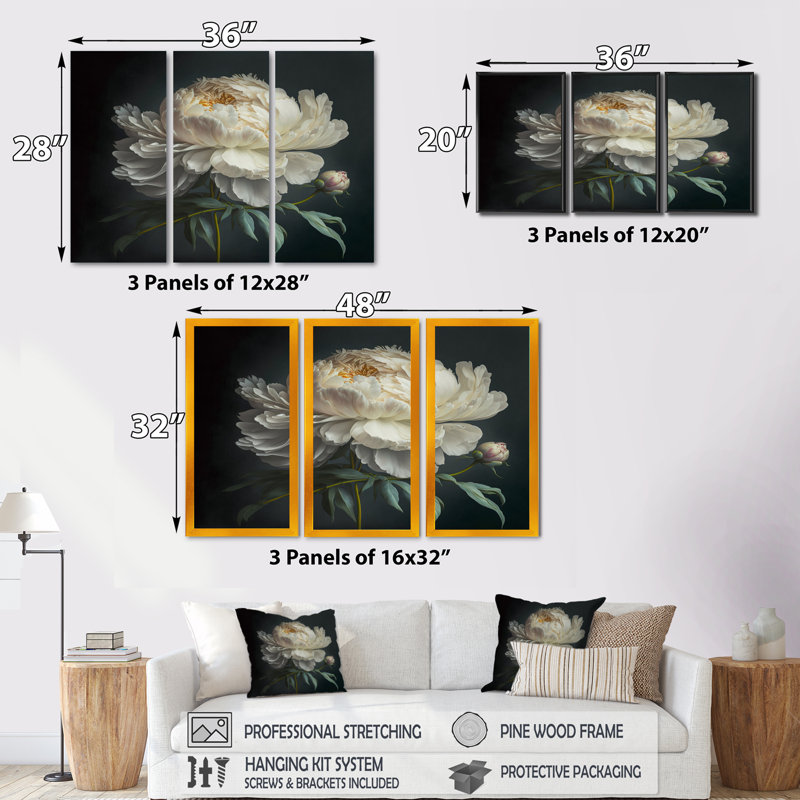 Blooming White Peony V - Blooming White Peony V - reproduction de cadre flottant sur toile 3 pièces, Cadre blanc
