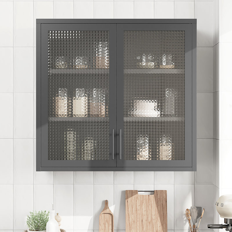 Armoire de style rétro avec portes en verre brumeux - 2 tablettes réglables en acier noir pour salle de bain