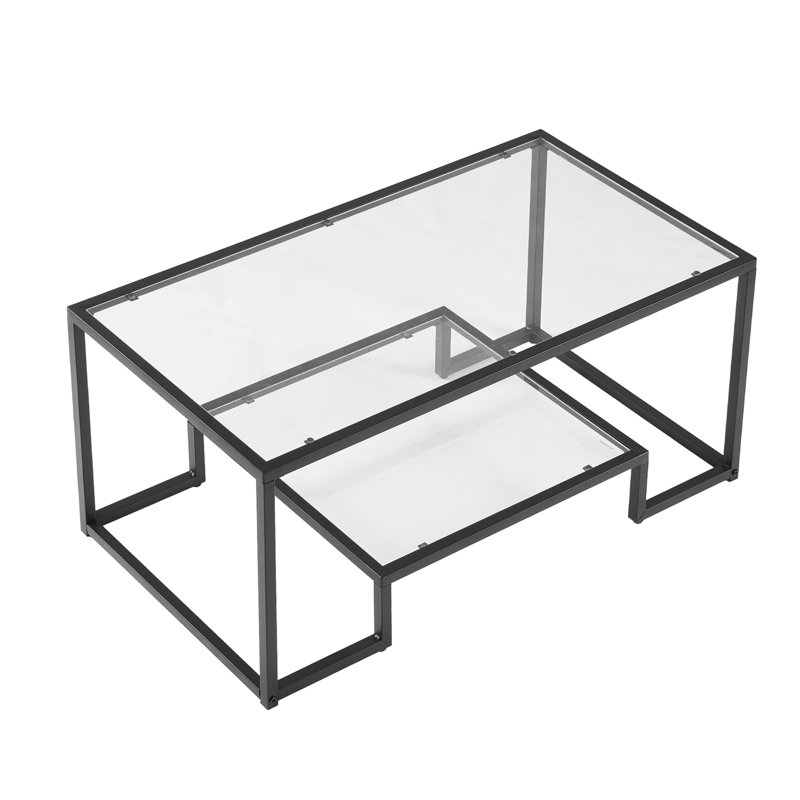 Table basse, table basse moderne en verre trempé, bureau central rectangulaire en verre à 2 niveaux avec rangement ouvert, bureau d'appoint minimaliste à structure métallique robuste pour le salon, le bureau, assemblage facile
