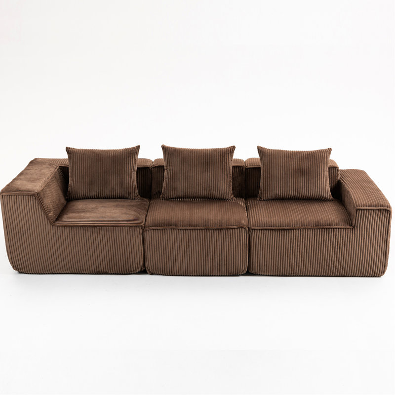 Fauteuil à 3 places en velours côtelé brun, sièges moelleux, conception entièrement compressée, art et style décontracté, aucun assemblage moderne requis
