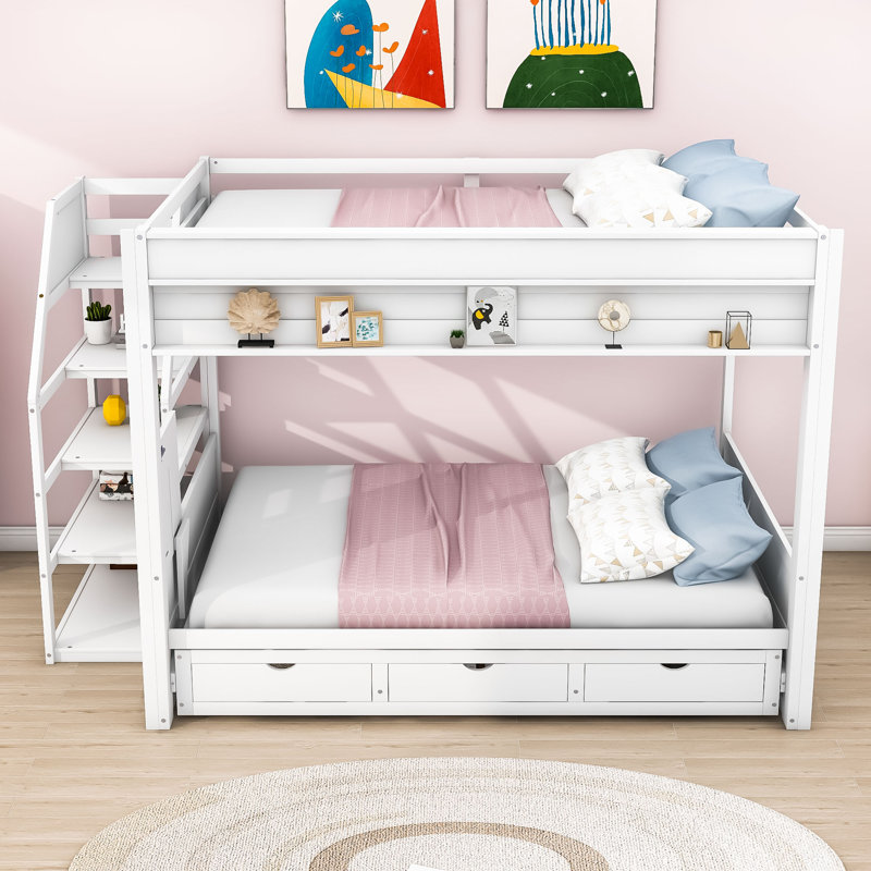 Dalvey Kids Full Over Full 3 Drawers Convertible Futon Bunk Bed with Storage Staircase, White