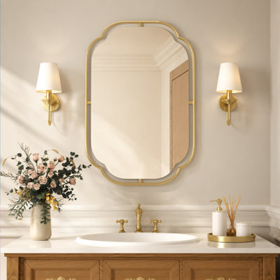 Bathroom Mirror, Modern Scalloped Corner Wall Mirror, 24 x 36 Anti-Rust Iron Frame & HD Glass Boho Rectangle Mirror for Vanity, Bedroom, Over Sink, Entryway