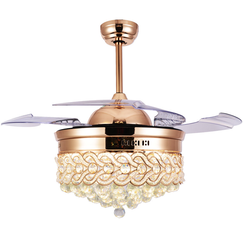Maplewood 42" Crystal Ceiling Fan with 4-Blades, Quiet DC Motor w 6 Speed, Remote Control, French Gold