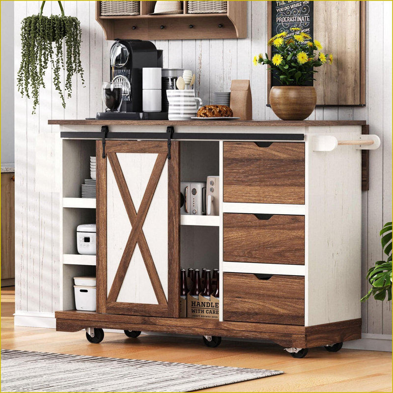 Kitchen Island with Storage, 55.5” Farmhouse Rolling Cart with Drop Leaf, Barn Door, Power Outlets, White | White | Medium (40-55in)