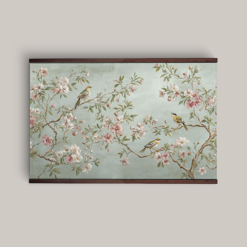 Art mural oiseaux et fleurs - Toile botanique rétro avec cintre en bois, style chinois, H 32 po x l 48 po