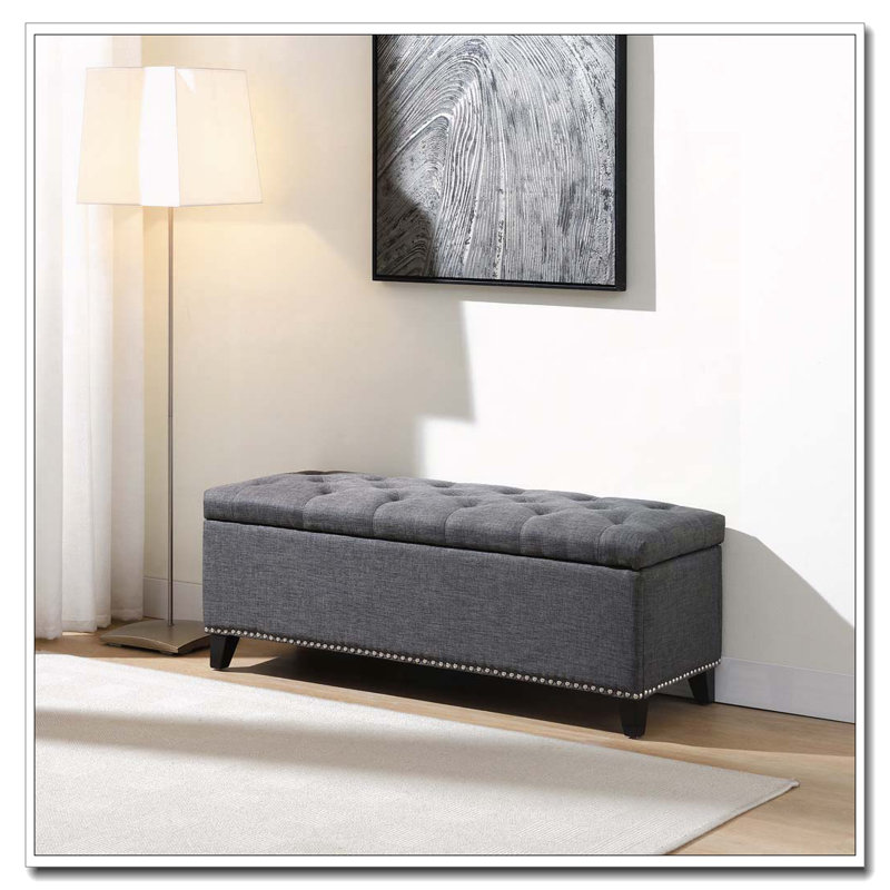 Linen Button-Tufted  Storage Bench, Dark Gray