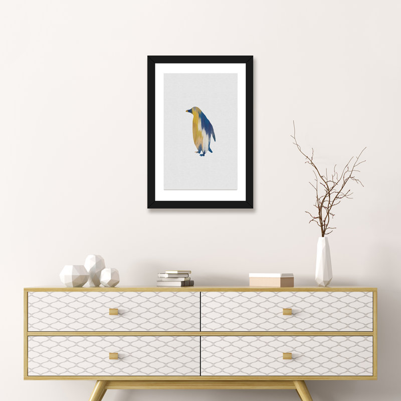 Pingouin bleu et jaune - impression d'art graphique, H 24 po x l 16 po x P 1 po, Papier encadré noir