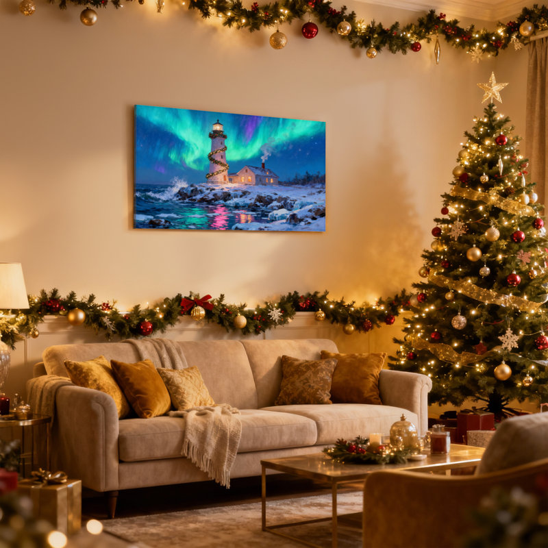Ensemble de 3 impressions d'art sur toile, phare d'hiver de Noël, H 20 po x l 30 po