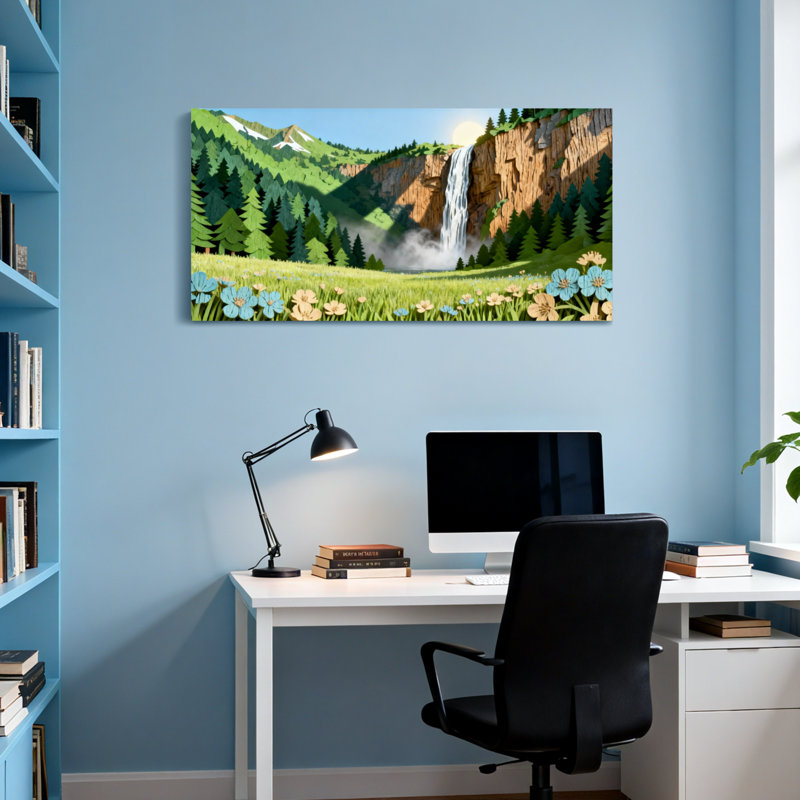 Paysage et nature Paysage de montagne avec cascade et fleurs, H 28 po x l 58 po